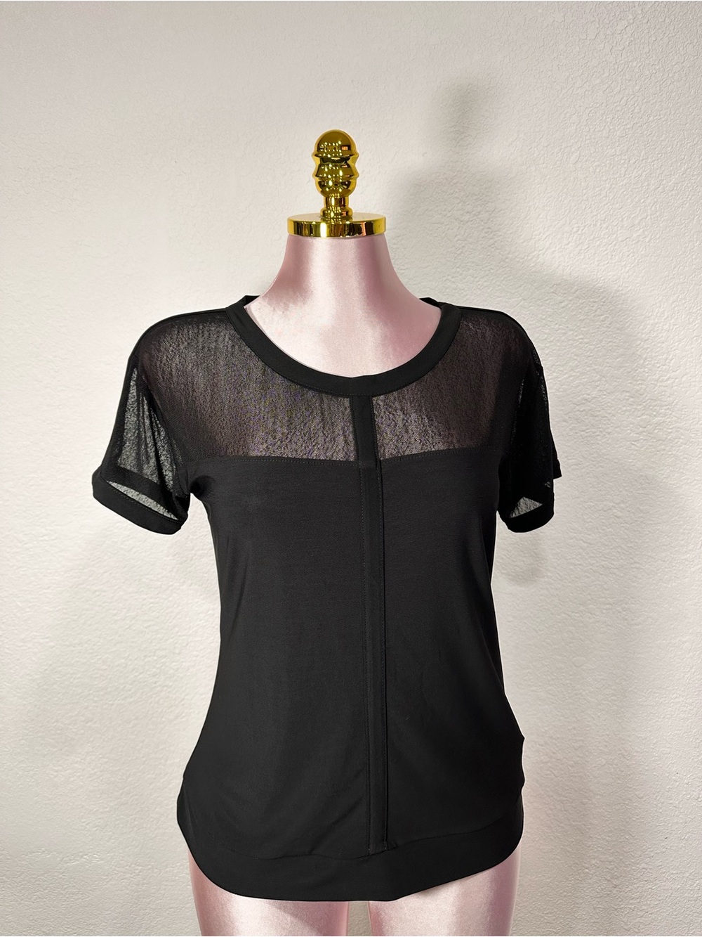 Women's Black Short Sleeve Top with Sheer Yoke